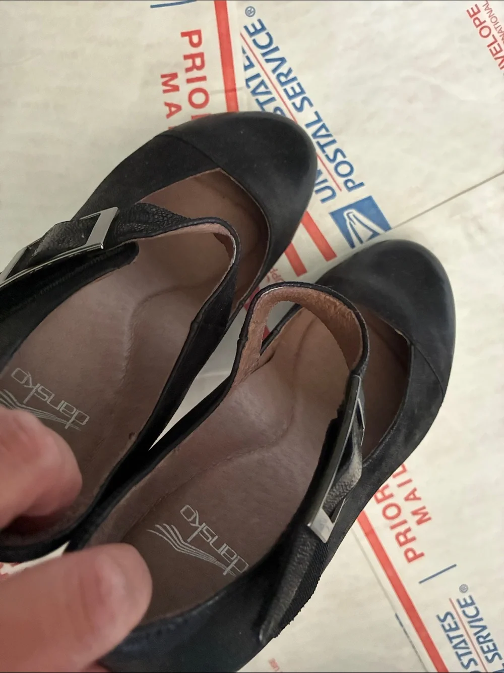 Dansko Black Leather Mary Jane Block Heels with Buckle